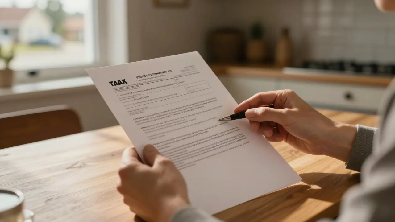 Person reviewing a tax document at a kitchen table with a suburban view in the background