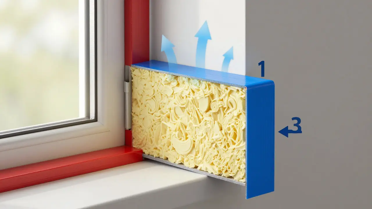 Schematische Darstellung des Drei-Ebenen-Modells für die Fensterabdichtung mit drei farbigen Zonen.