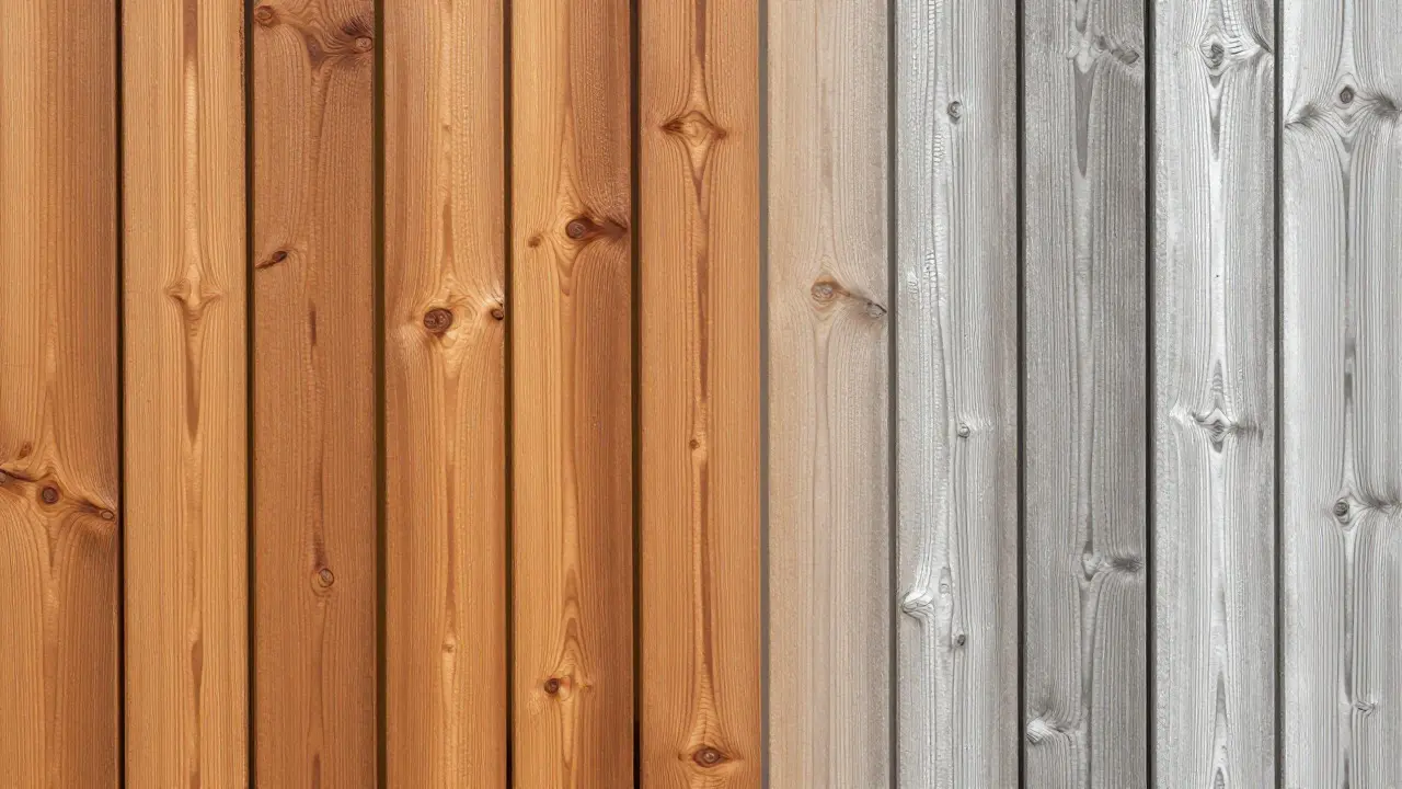 Vergleich von frisch gestrichenem und unbehandeltem grauem Holz