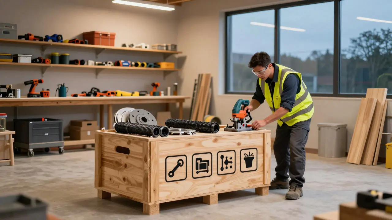 Werkstatt-Ecke mit Ersatzteilen und einem Arbeiter, der ein Akkuschlagbohrwerkzeug inspiziert