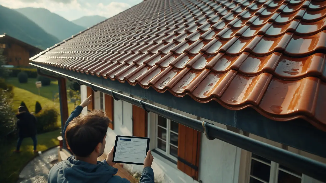 Abschlusskontrolle des neuen Daches nach dem Regen