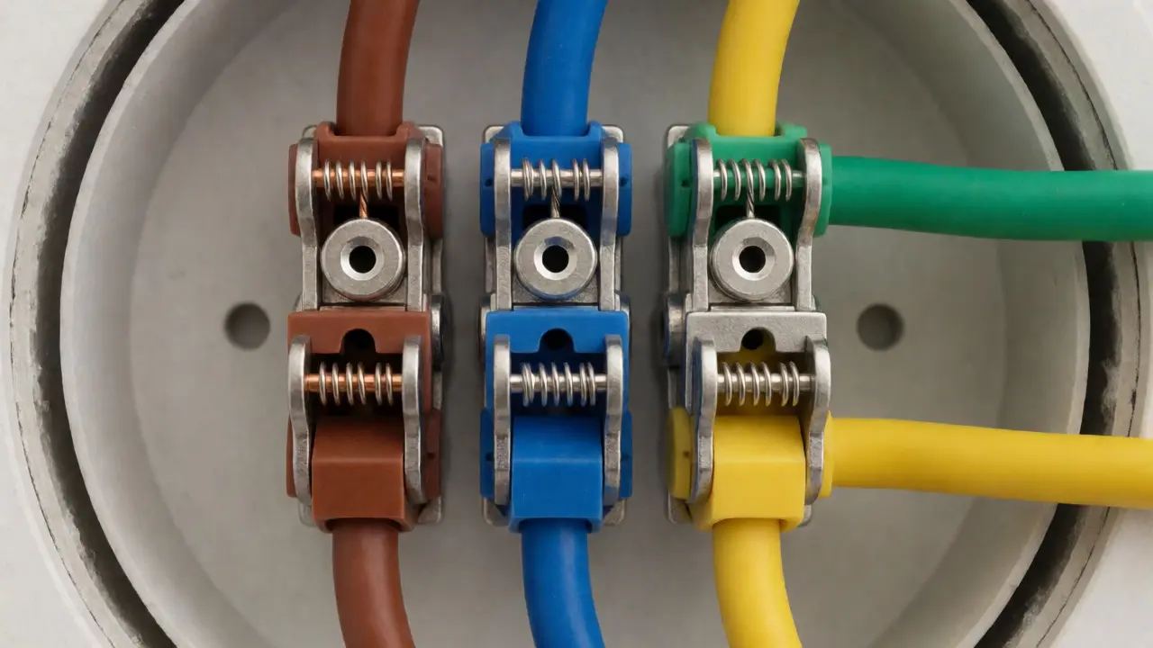 Anschluss der farbigen Kabel an Federzugklemmen im Deckenanschlusskasten.
