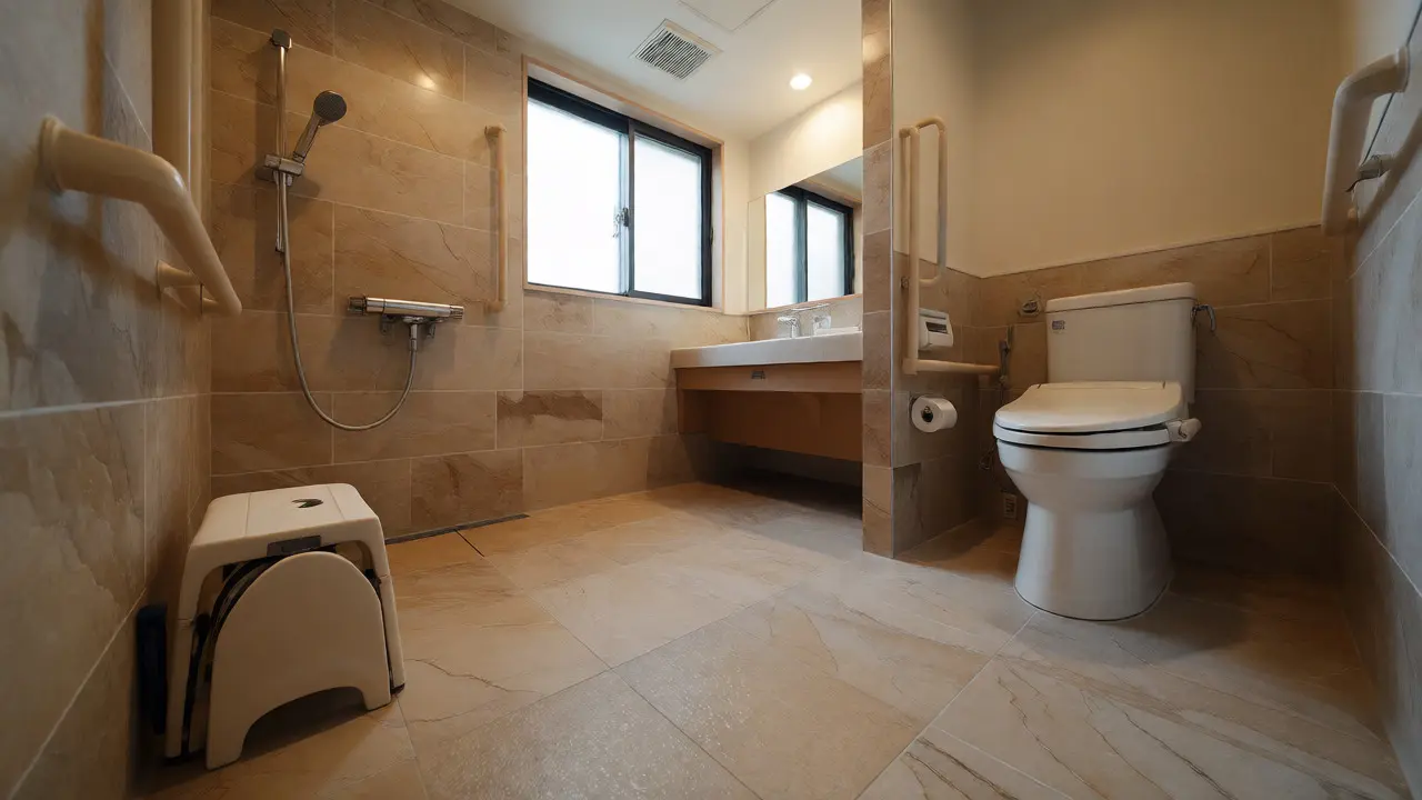 Barrierefreies Badezimmer mit bodengleicher Dusche und erhöhtem WC