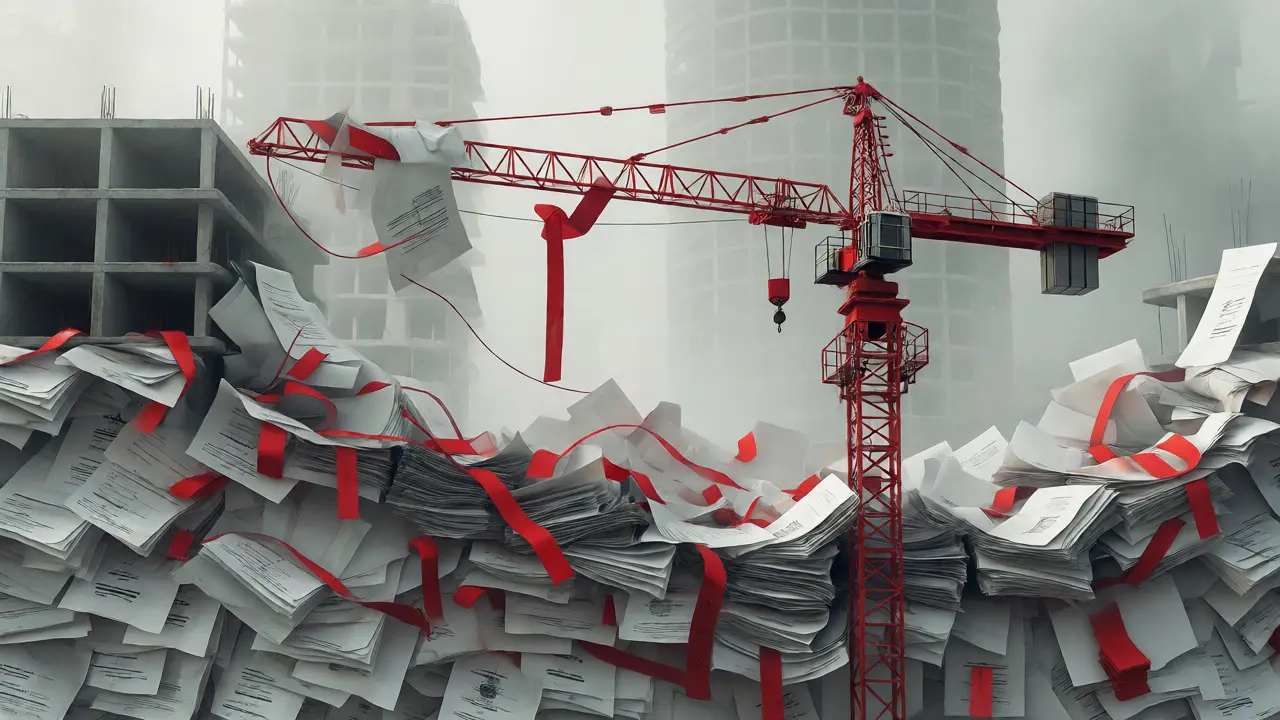 Bürokratische Papierberge blockieren eine Baustelle und verzögern den Wohnungsbau.