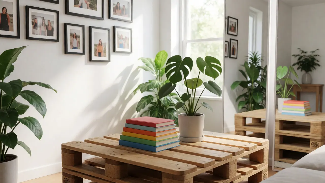 DIY-Paletten-Couchtisch mit Pflanzen und Galerie-Wand in einem hellen Wohnzimmer.