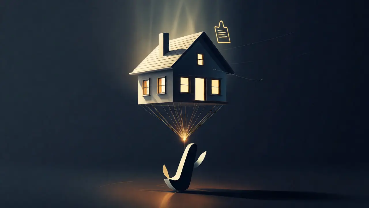 Ein Haus schwebt an goldenen Fäden über einem Anker, symbolisiert gesicherte Immobilie trotz Schuldenlast.