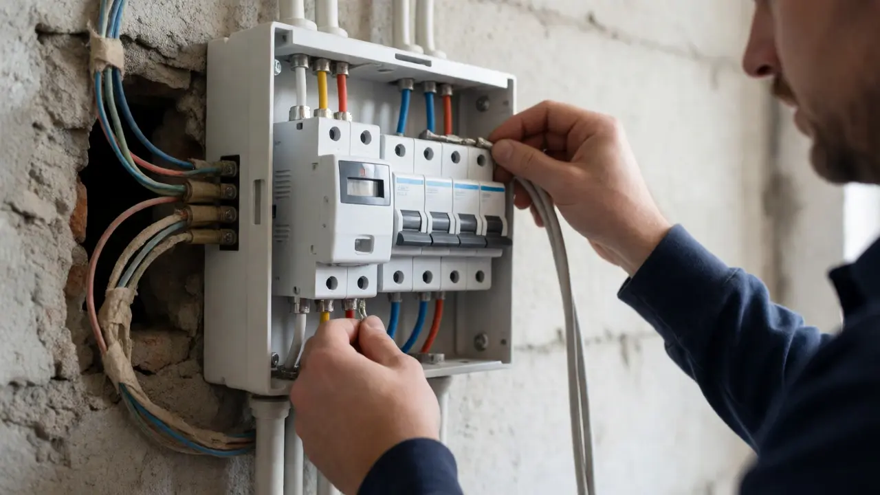 Elektriker installiert moderne Kabel und Sicherungskasten an roher Wand