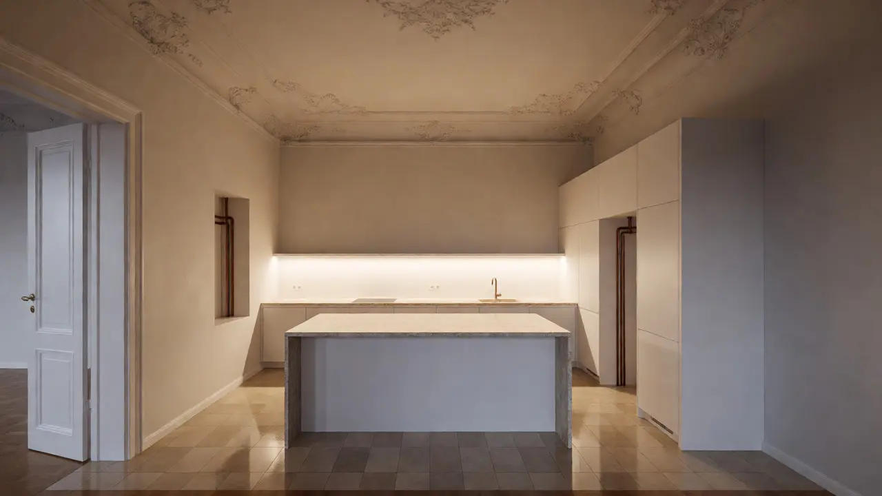 Fertig renovierte moderne Küche mit hohen Decken im Altbau-Stil