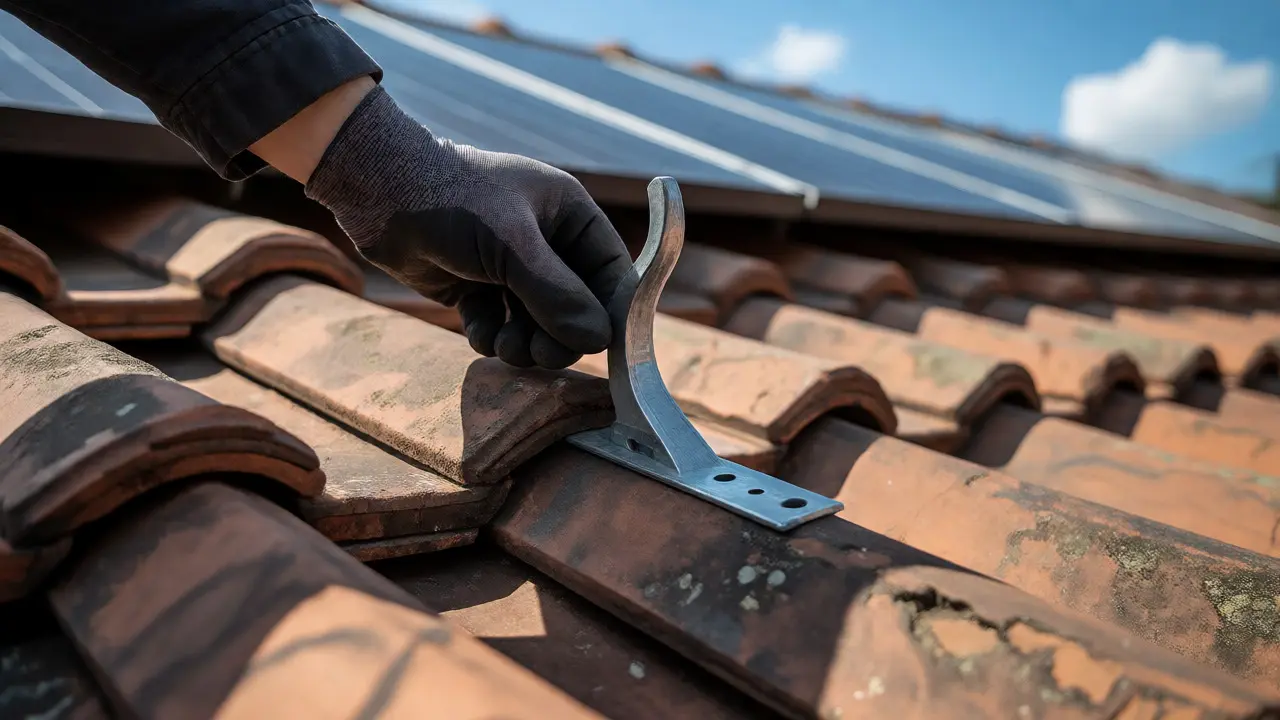 Handwerker montiert Dachhaken auf alten Tonziegeln für Solaranlage