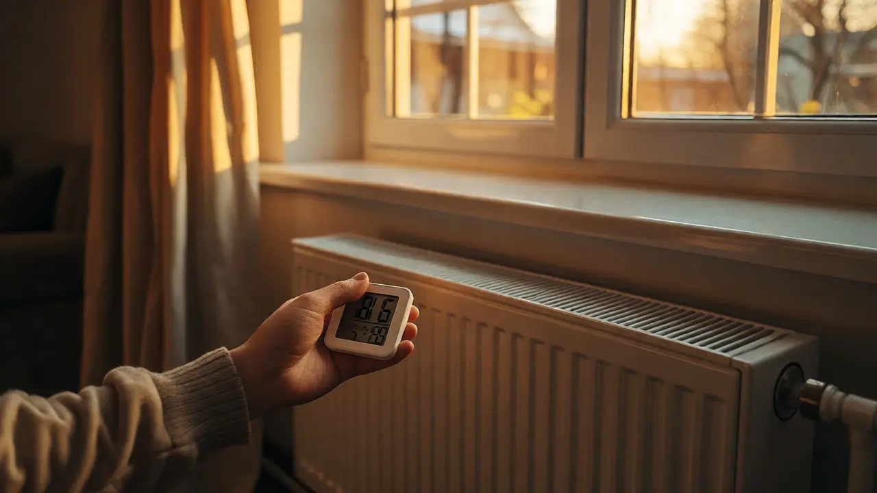 Hygrometer im gut belüfteten Wohnraum neben dem Heizkörper