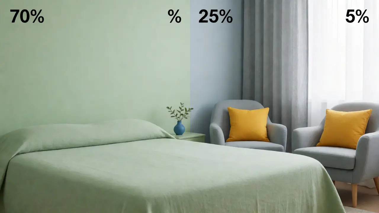 Illustration des 70-25-5 Farbprinzips in einem harmonischen Schlafzimmer