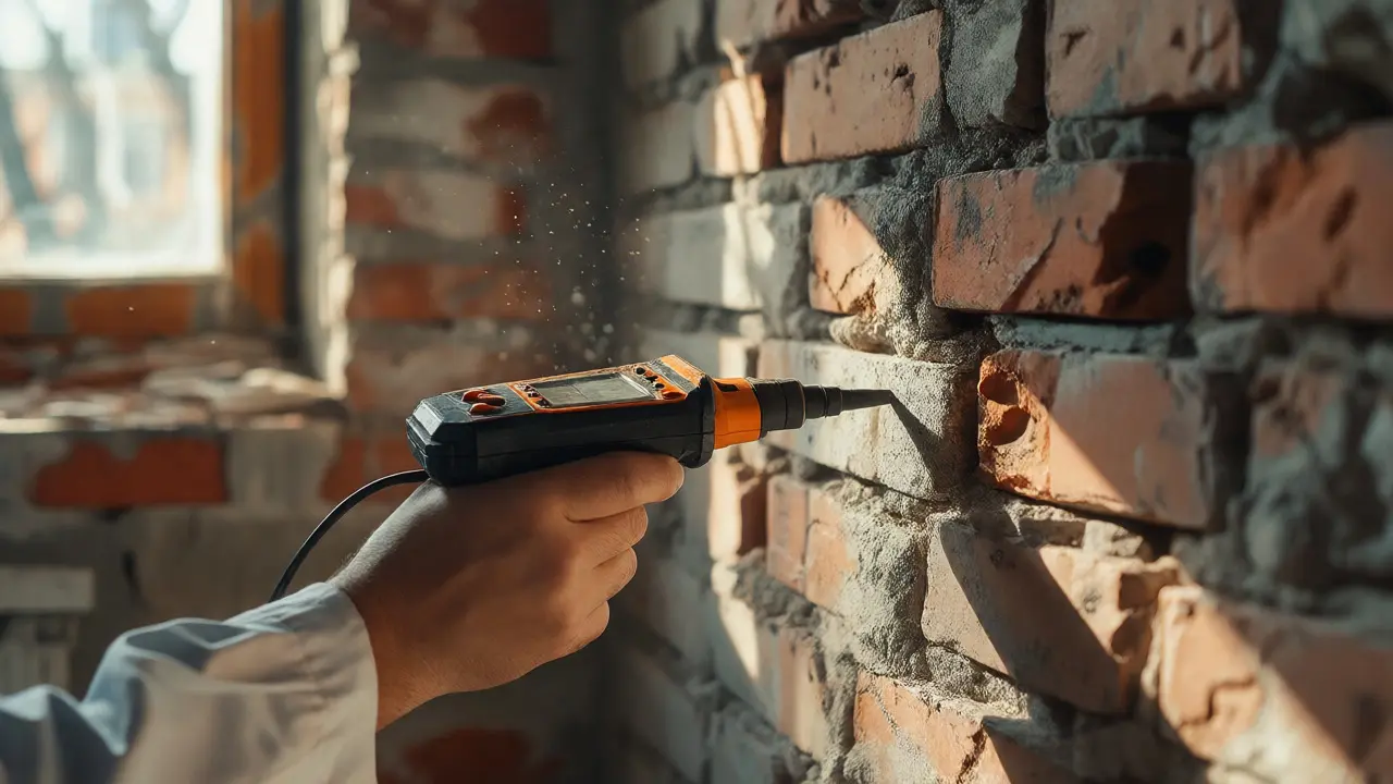 Inspektor prüft mit einem Feuchtigkeitsmesser versteckte Mängel an einer alten Wand.