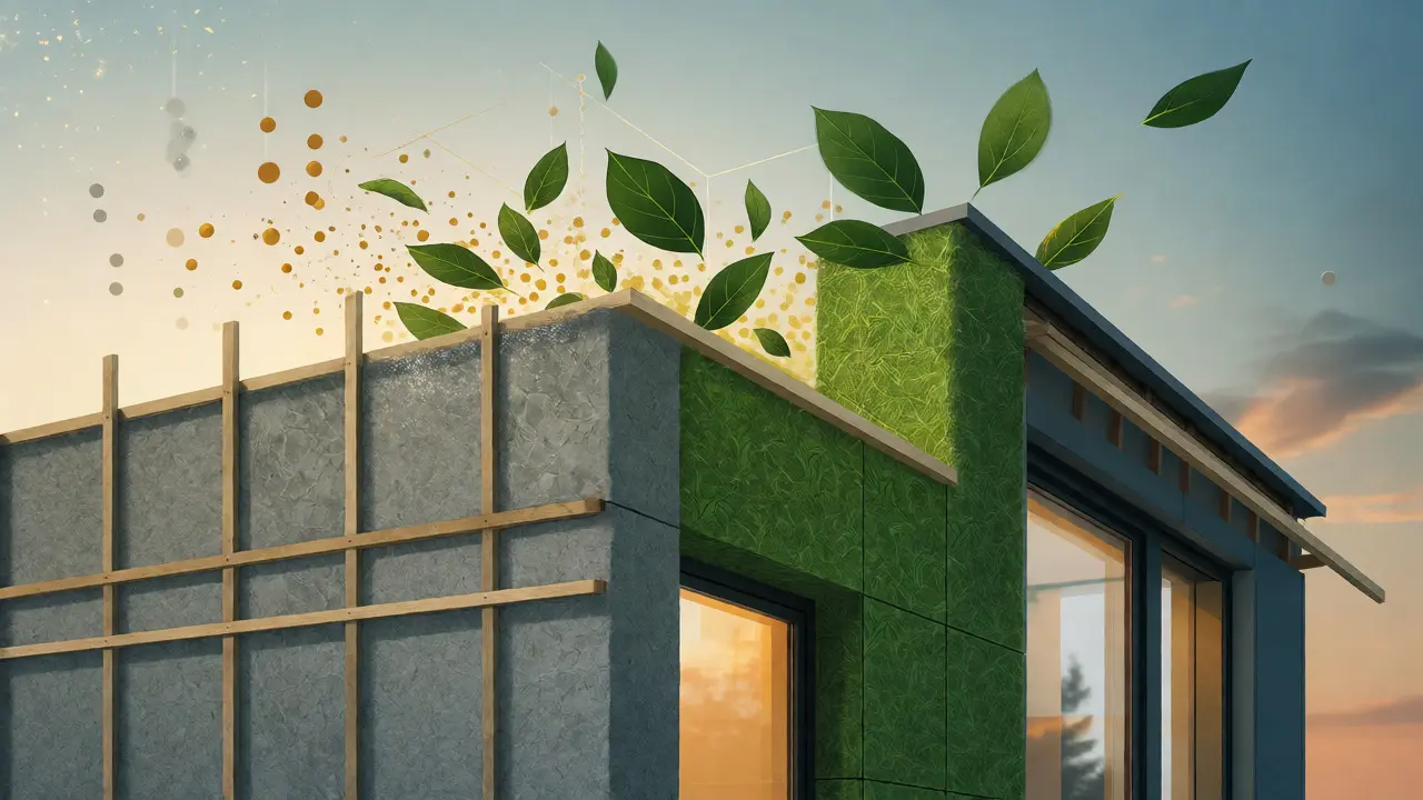 Konzeptkunst einer modernen Fassade mit natürlicher Dämmung und CO2-Bepreisungs-Symbolik