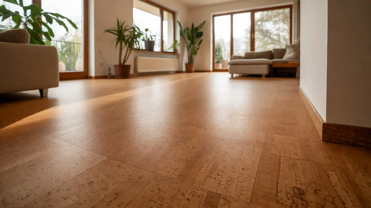 Modernes Wohnzimmer mit durchgehend verlegtem Korkboden und Pflanzen