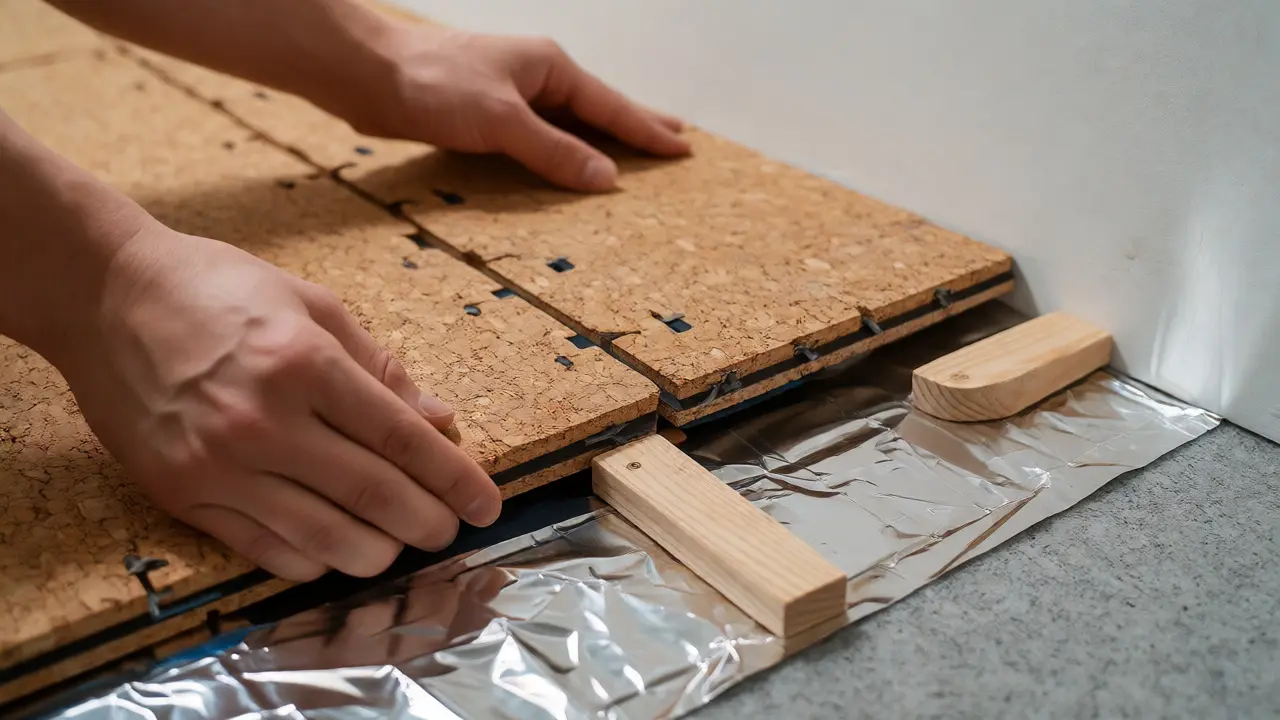 Nahaufnahme der Verlegung von Korkpaneelen mit Dehnungsfugen-Keilen