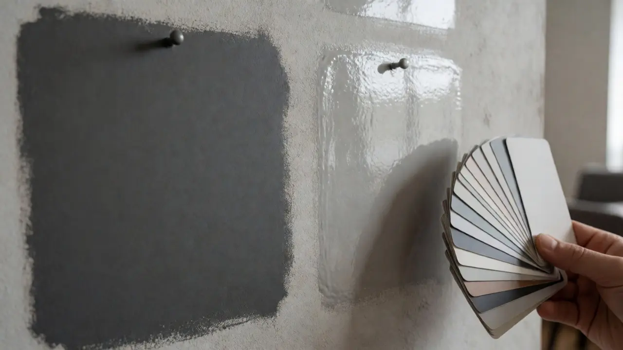 Nahaufnahme von matten und glänzenden Farbmustern an einer Wand zum Vergleich