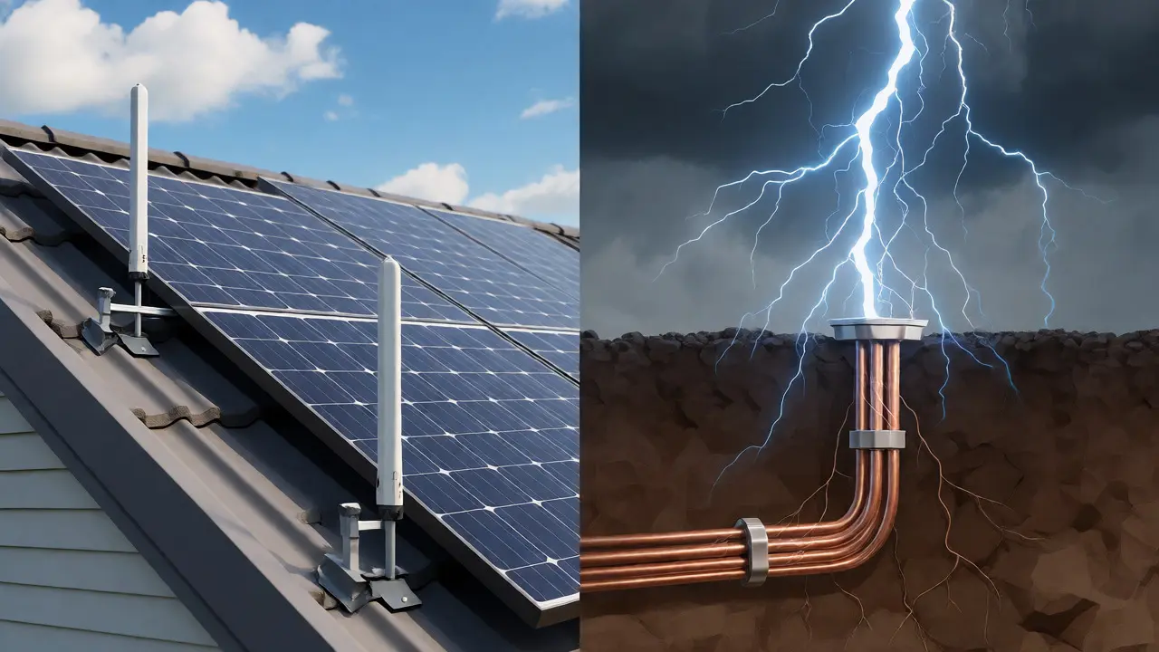Photovoltaikanlage auf dem Dach mit integrierten Fangspitzen und Erdungsanschluss