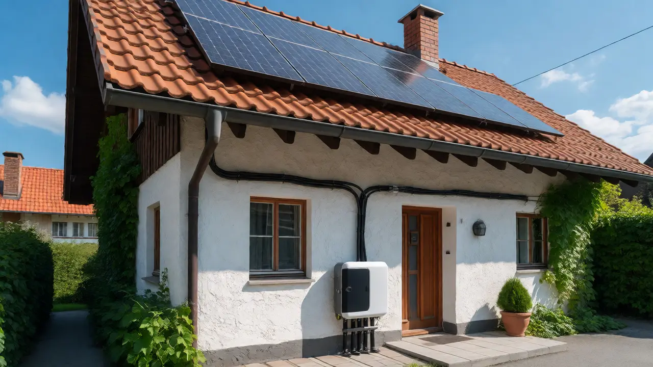 Saubere Kabelführung an der Fassade eines Hauses mit PV-Anlage