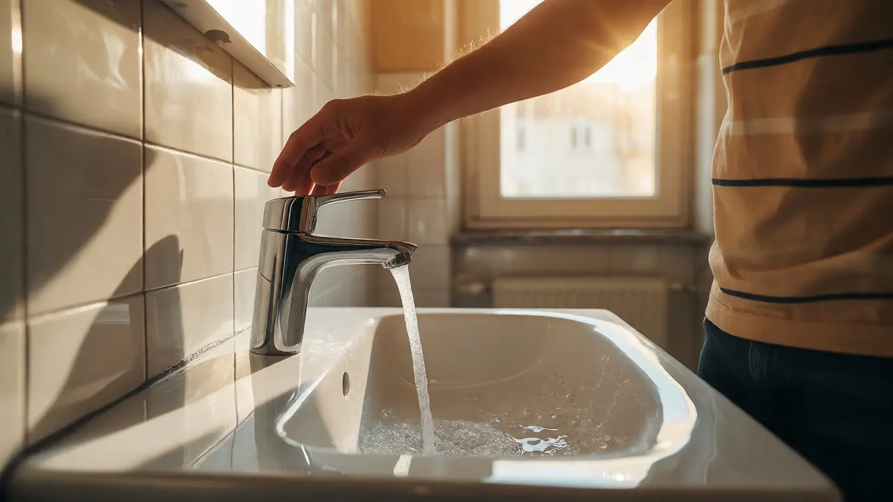 Sauberes Wasser fließt aus einem Hahn in einem renovierten Badezimmer