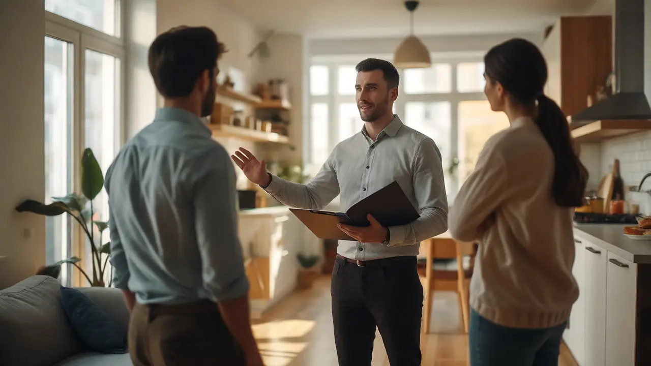 Verkäufer und Käufer führen ein sachliches Gespräch während einer Wohnungsbesichtigung.