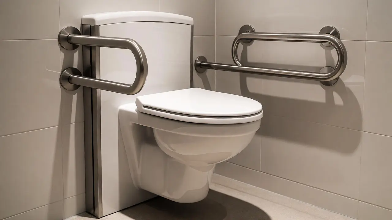 Wandhängendes WC in ergonomischer Höhe mit stabilen Haltegriffen an der Wand