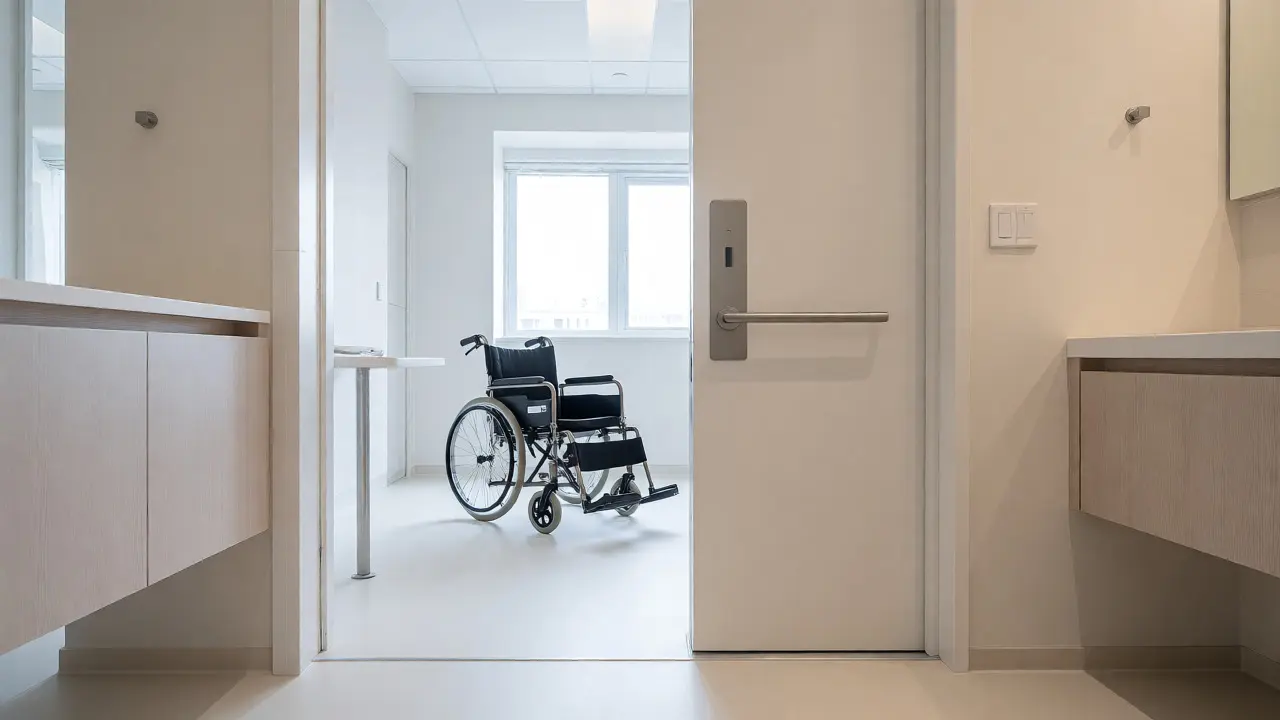 Barrierefreies Zimmer mit breiter Tür und Rollstuhl im Raum