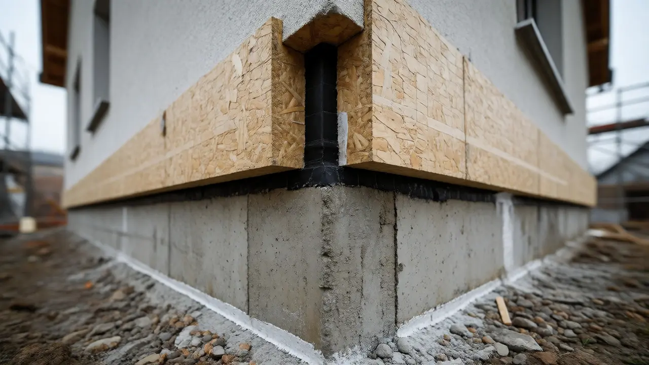 Detaillierte Ansicht der Sockeldämmung und Abdichtung am Übergang Fundament zur Fassade
