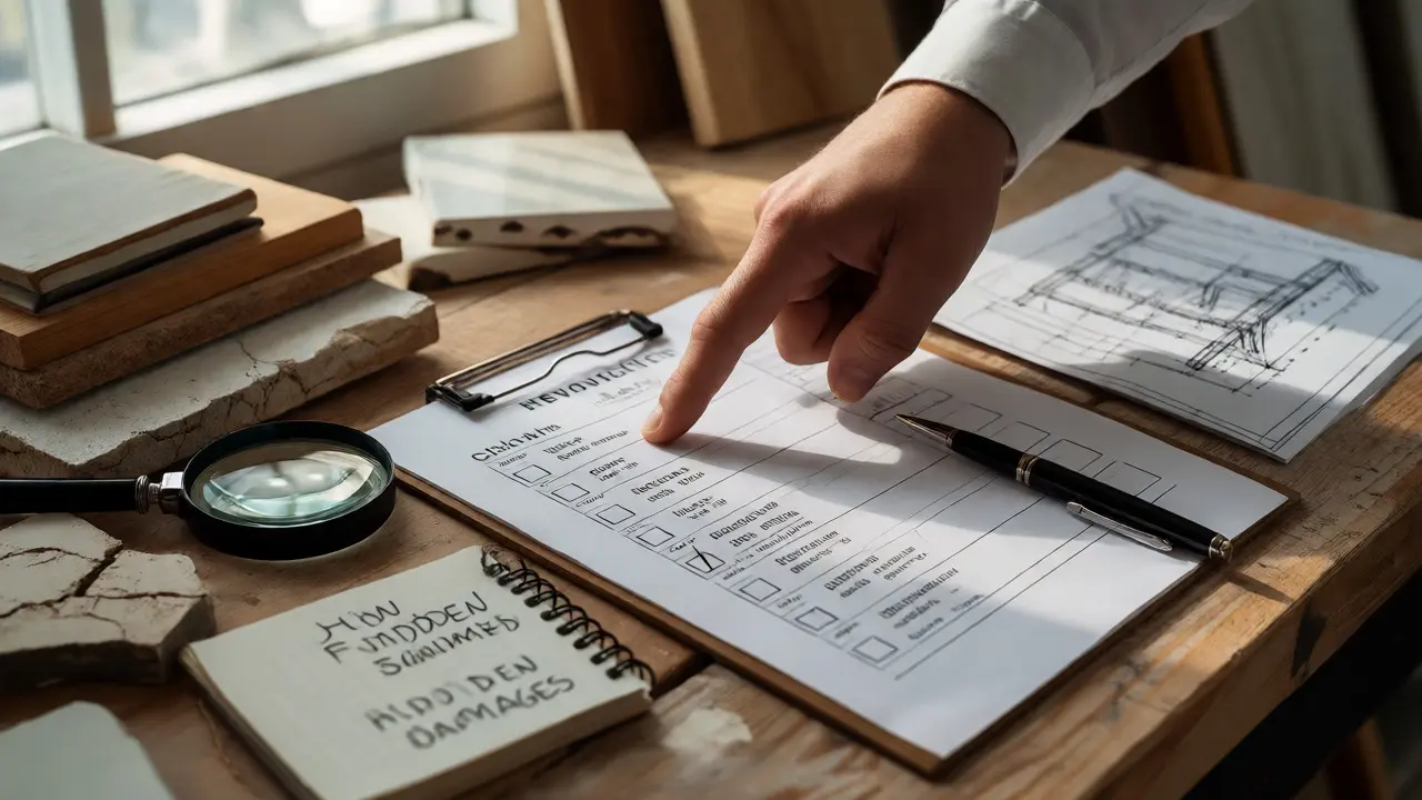 Hand zeigt auf Renovierungs-Checkliste mit Werkzeugen und Notizen