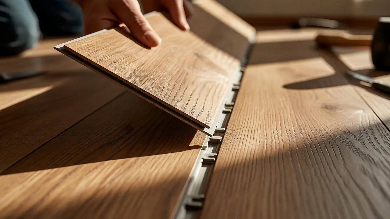 Hände verbinden zwei Klick-Vinylplanken im richtigen Winkel
