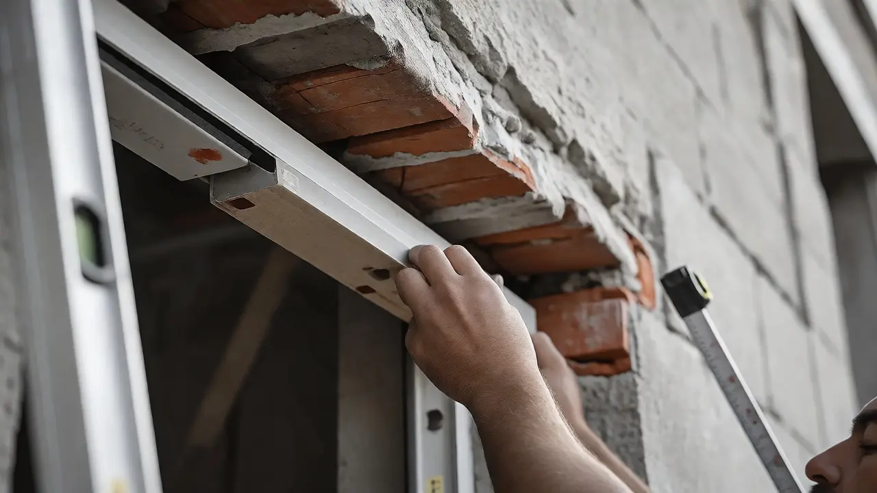 Handwerker montiert präzise eine neue Zarge in eine Wandöffnung