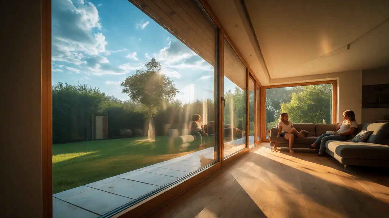 Helle Wohnstube mit großen Fenstern und Sonnenlicht