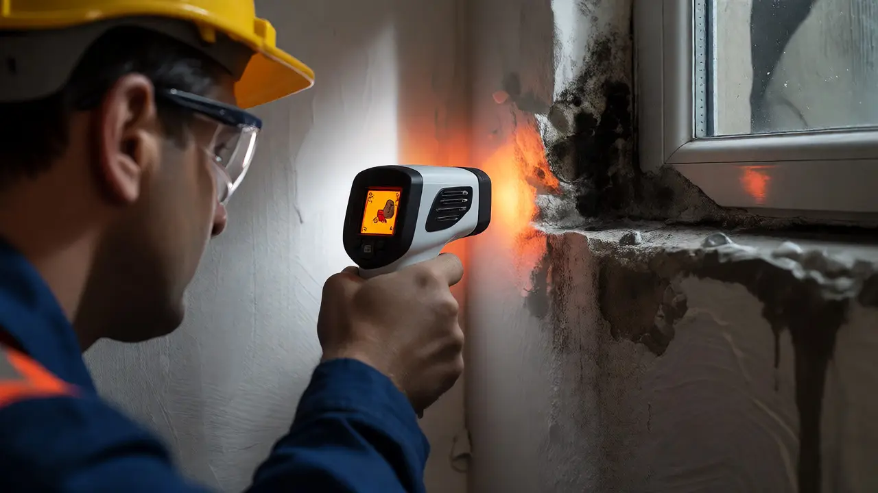 Inspektor prüft feuchte Wandstelle mit Infrarot-Thermometer