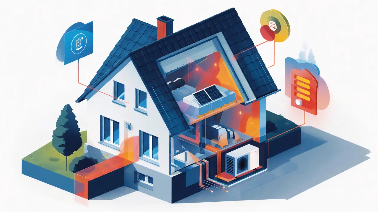 Isometrische Illustration eines Hauses mit Dämmung, Fenstern und Wärmepumpe.