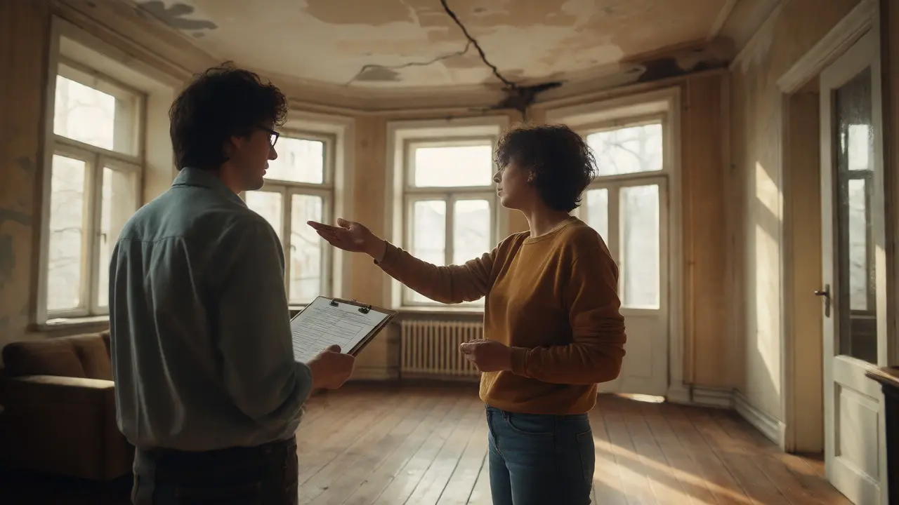 Käufer und Gutachter diskutieren über Deckenrisse im Wohnzimmer