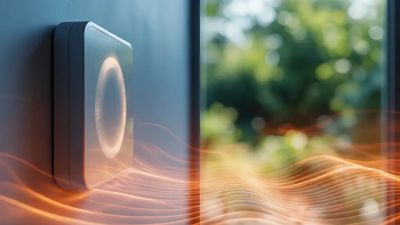 Konzeptbild: Smartes Thermostat und warme Wärmewellen im Raum für Energieeffizienz.