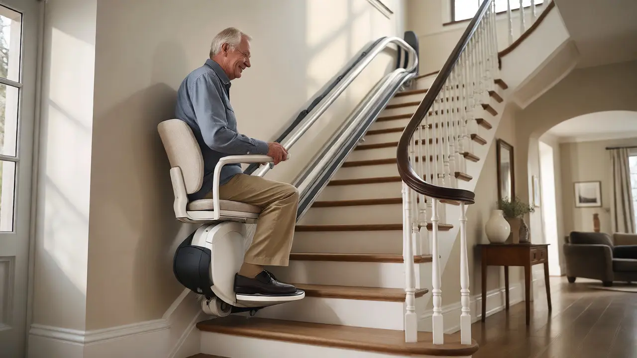 Moderner Treppenlift auf geschwungener Treppe mit sitzendem Nutzer