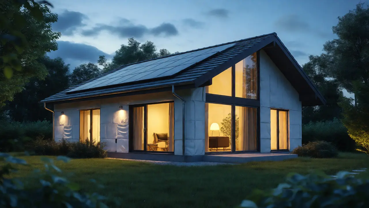 Modernisiertes Einfamilienhaus mit Wärmedämmung bei Dämmerung