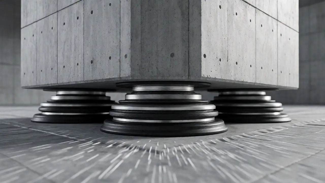 Nahaufnahme von Elastomerlagern zur Basisisolation unter einem Gebäudesäulenfuß