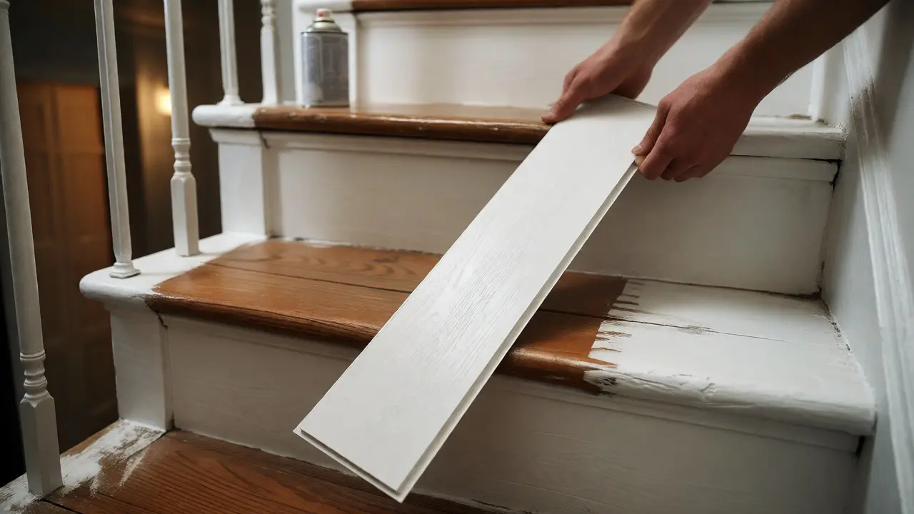 Nahaufnahme von Händen, die weiße Vinyl-Klickböden auf einer frisch gestrichenen Treppe verlegen.