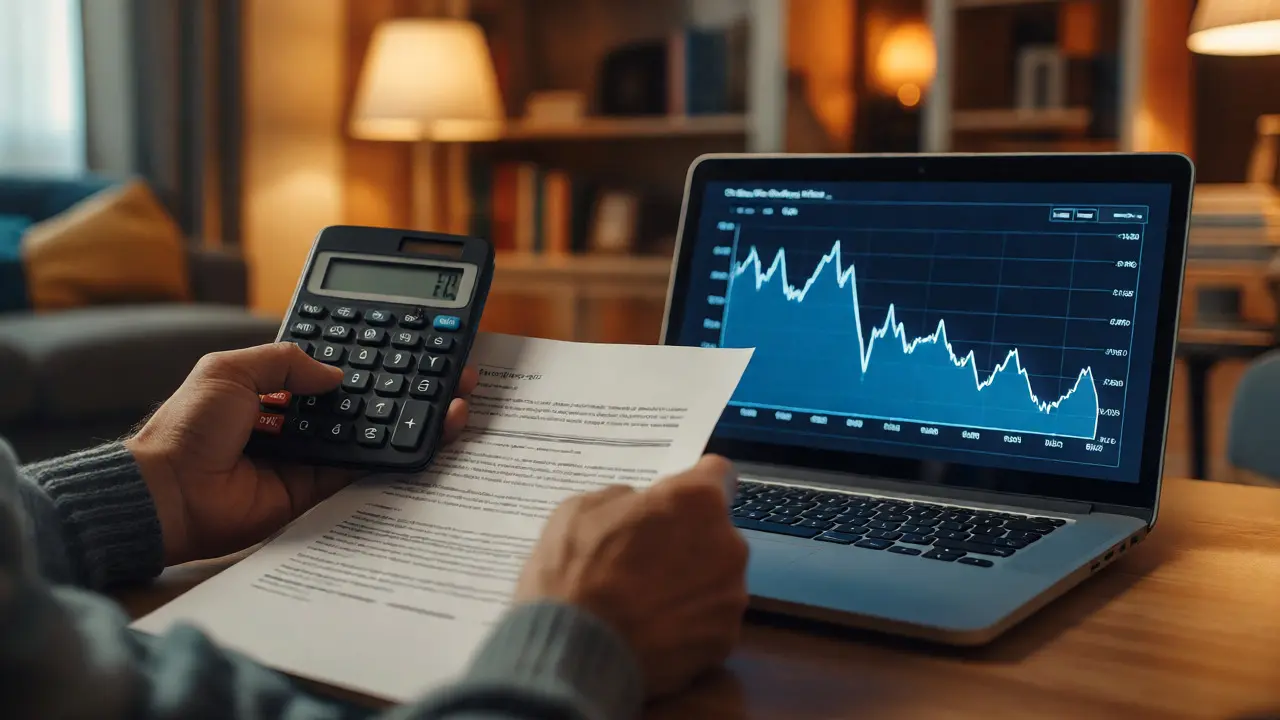 Person prüft Finanzdaten am Laptop mit Taschenrechner