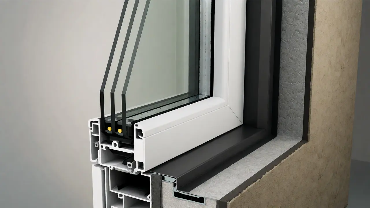 Querschnitt einer modernen Fenstermontage mit Dämmschichten