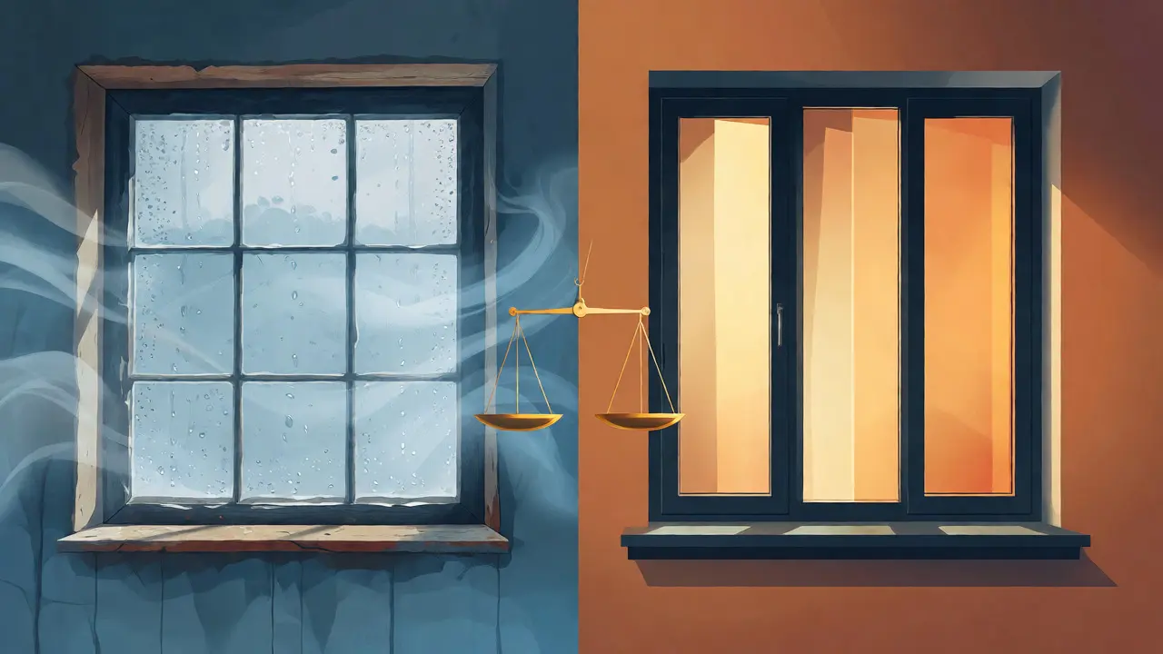 Vergleich zwischen altem Einfachglasfenster und modernem Energiesparfenster im Querschnitt.
