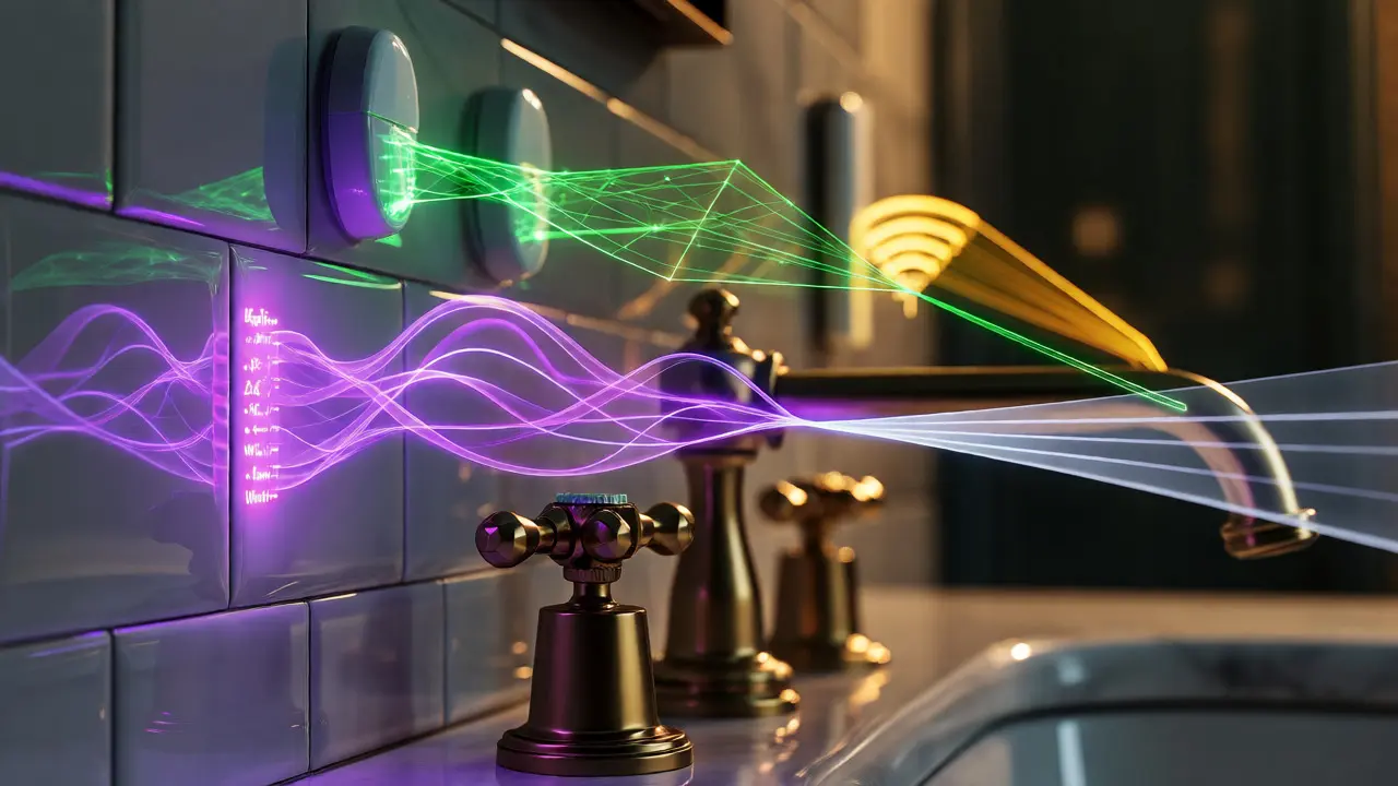 Visuelle Darstellung von Zigbee, Z-Wave und Matter Standards an Sanitärprodukten